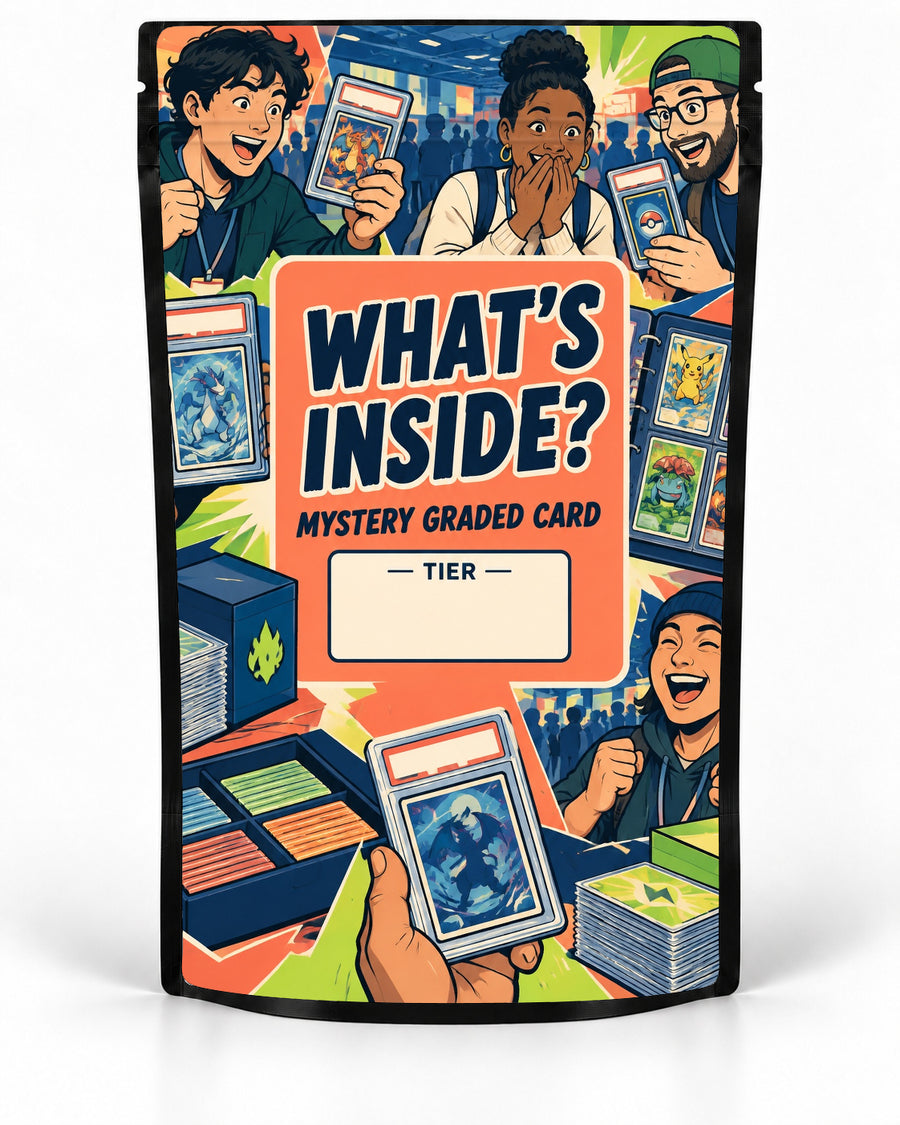 Whats Inside mystery slab bag mock-up on a black pouch, featuring a bold convention-style collage of collectors opening, holding and comparing graded cards around the headline, with bright orange, lime and navy accents