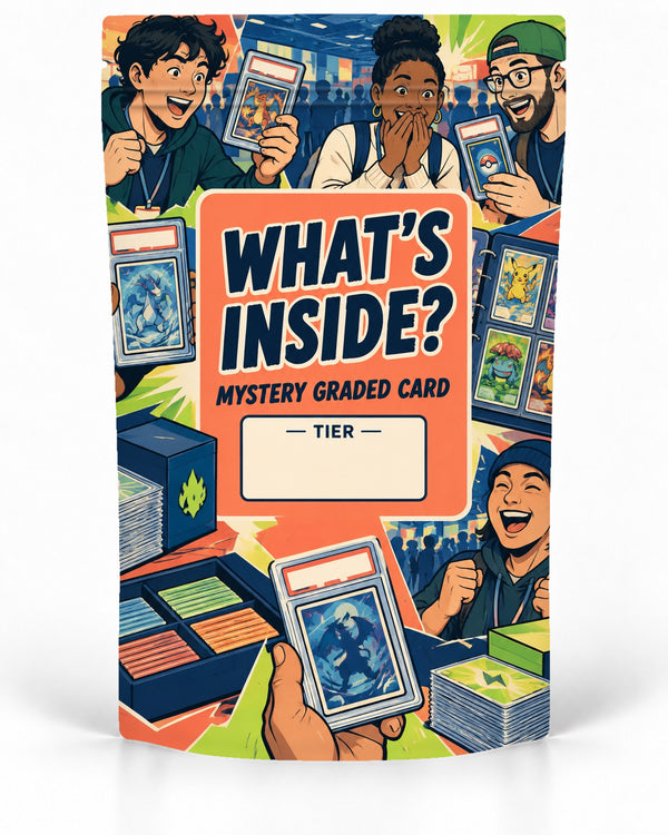 Whats Inside direct-printed mystery slab bag mock-up featuring a bold convention-style collage of collectors opening, holding and comparing graded cards around the headline, with bright orange, lime and navy accents