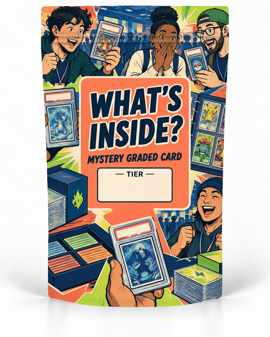 Whats Inside direct-printed mystery slab bag mock-up featuring a bold convention-style collage of collectors opening, holding and comparing graded cards around the headline, with bright orange, lime and navy accents