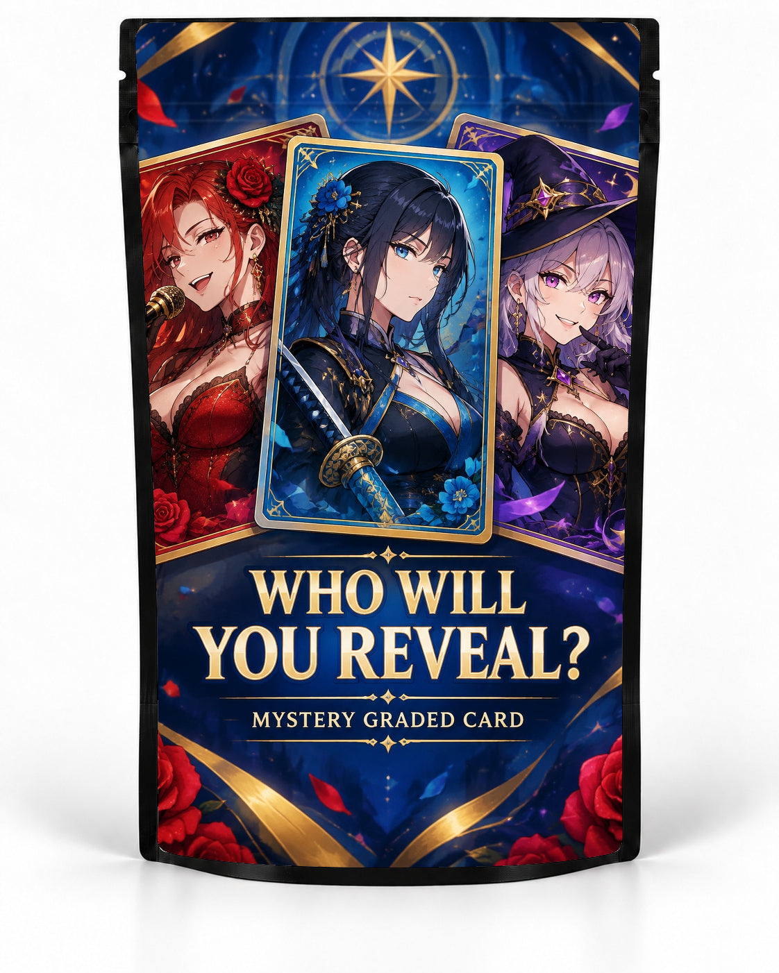 Who Will You Reveal mystery slab bag mock-up on a black pouch, featuring three elegant fantasy women presented like premium red, blue and purple character cards, finished with deep navy, gold and rose detailing