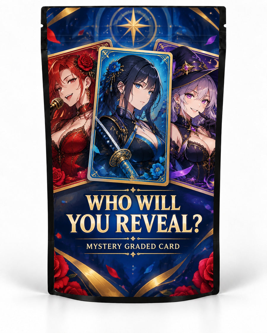 Who Will You Reveal mystery slab bag mock-up on a black pouch, featuring three elegant fantasy women presented like premium red, blue and purple character cards, finished with deep navy, gold and rose detailing