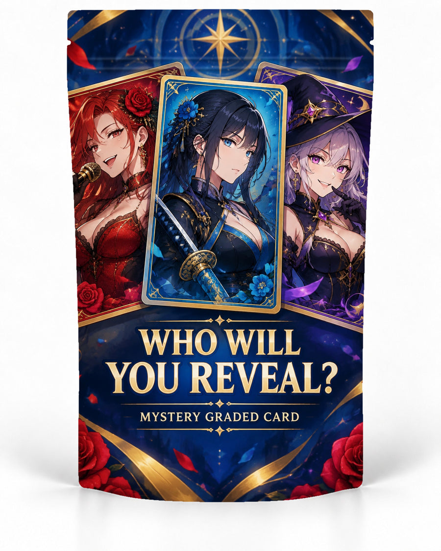 Who Will You Reveal direct-printed mystery slab bag mock-up featuring three elegant fantasy women presented like premium red, blue and purple character cards, finished with deep navy, gold and rose detailing