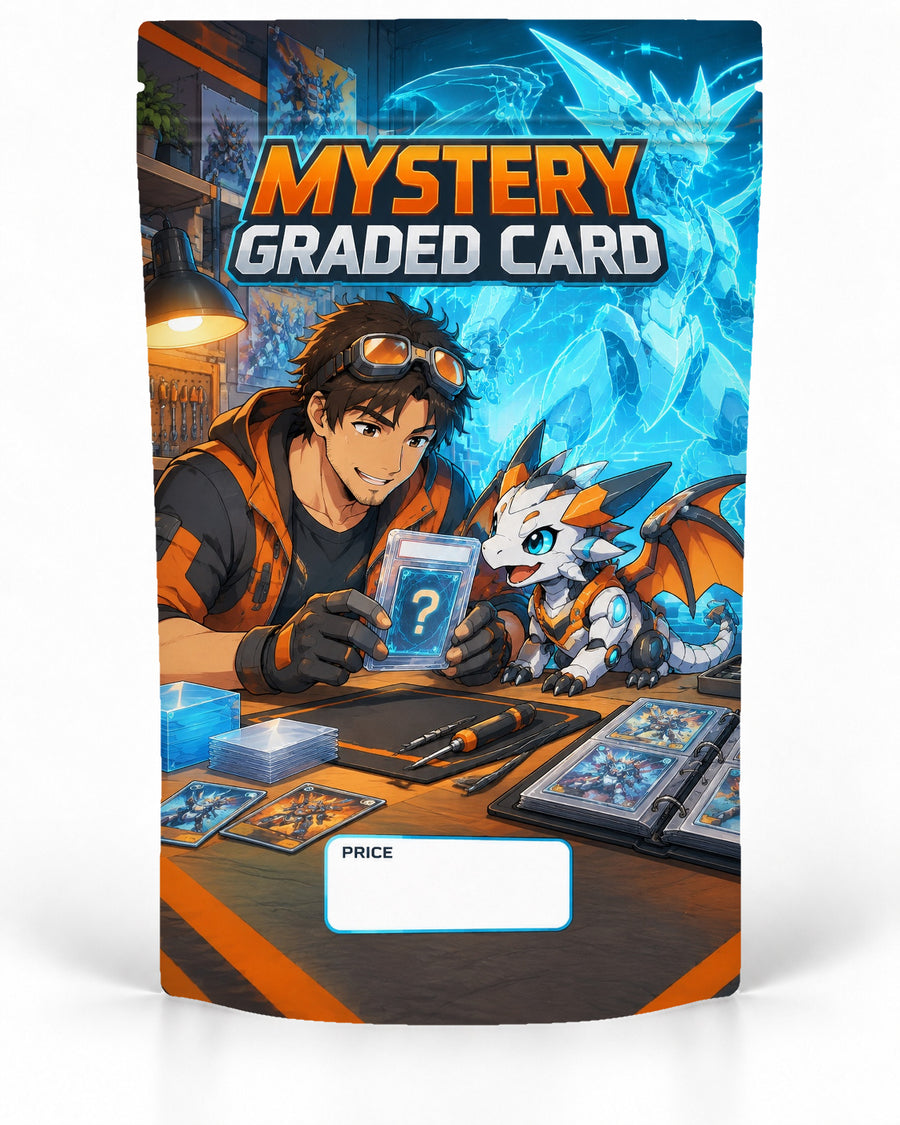 Workshop Dragon direct-printed mystery slab bag mock-up featuring a collector and small robotic dragon examining a mystery graded card in a tech workshop, backed by a glowing holographic dragon in orange and cyan