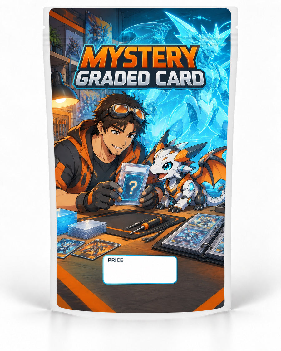 Workshop Dragon mystery slab bag mock-up on a white pouch, featuring a collector and small robotic dragon examining a mystery graded card in a tech workshop, backed by a glowing holographic dragon in orange and cyan