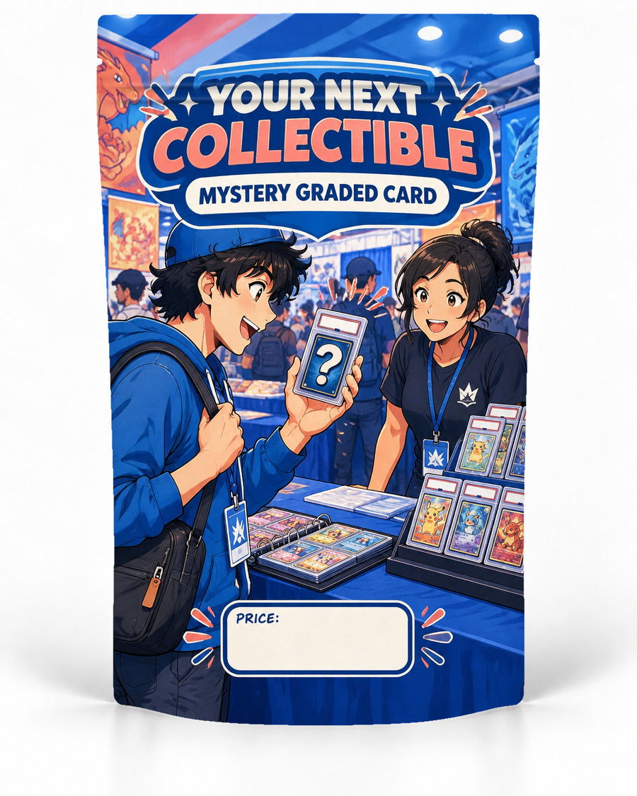 Your Next Collectable direct-printed mystery slab bag mock-up featuring a young collector revealing a mystery graded card at a busy convention table while a smiling seller looks on, surrounded by binders and slab displays