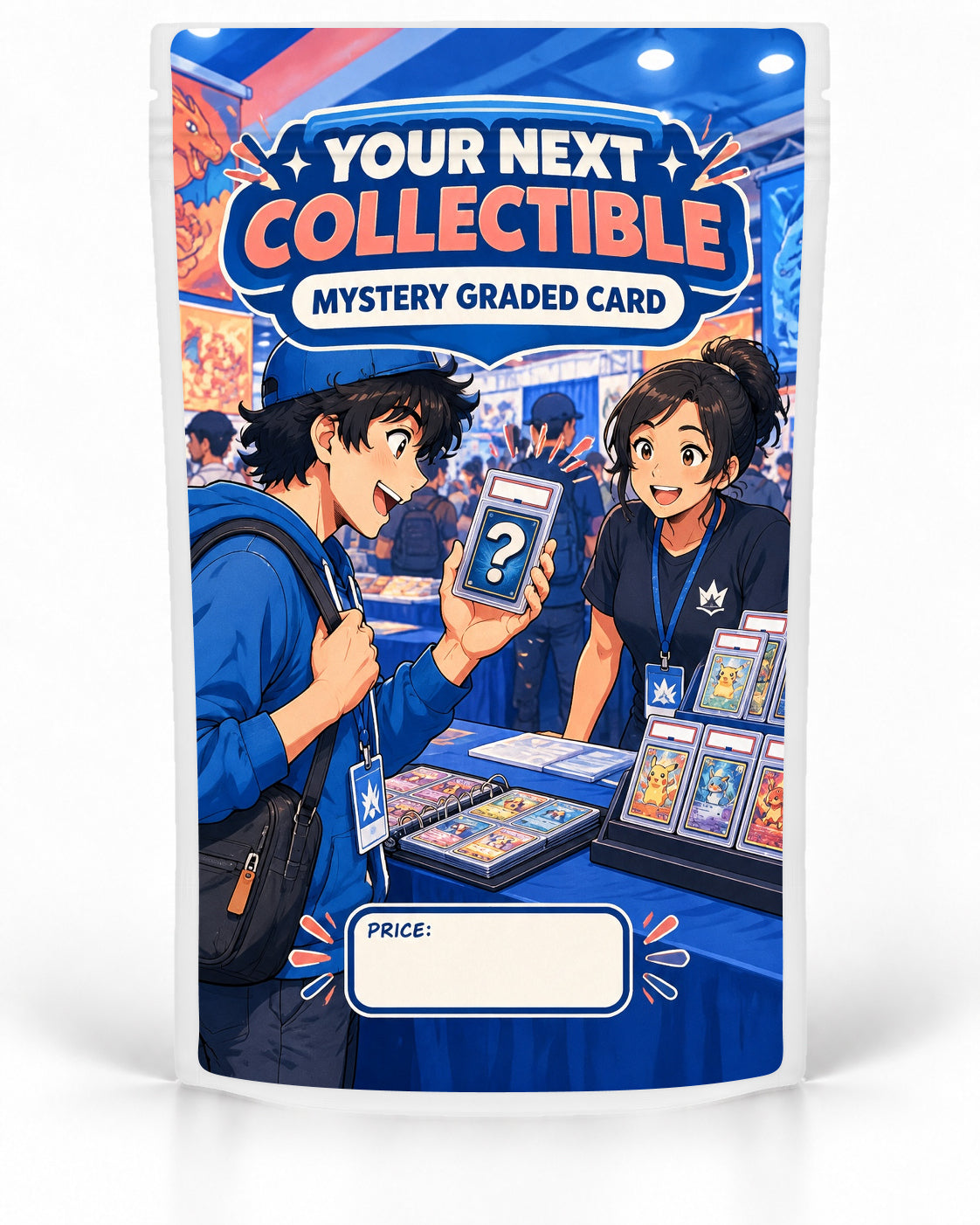 Your Next Collectable mystery slab bag mock-up on a white pouch, featuring a young collector revealing a mystery graded card at a busy convention table while a smiling seller looks on, surrounded by binders and slab displays