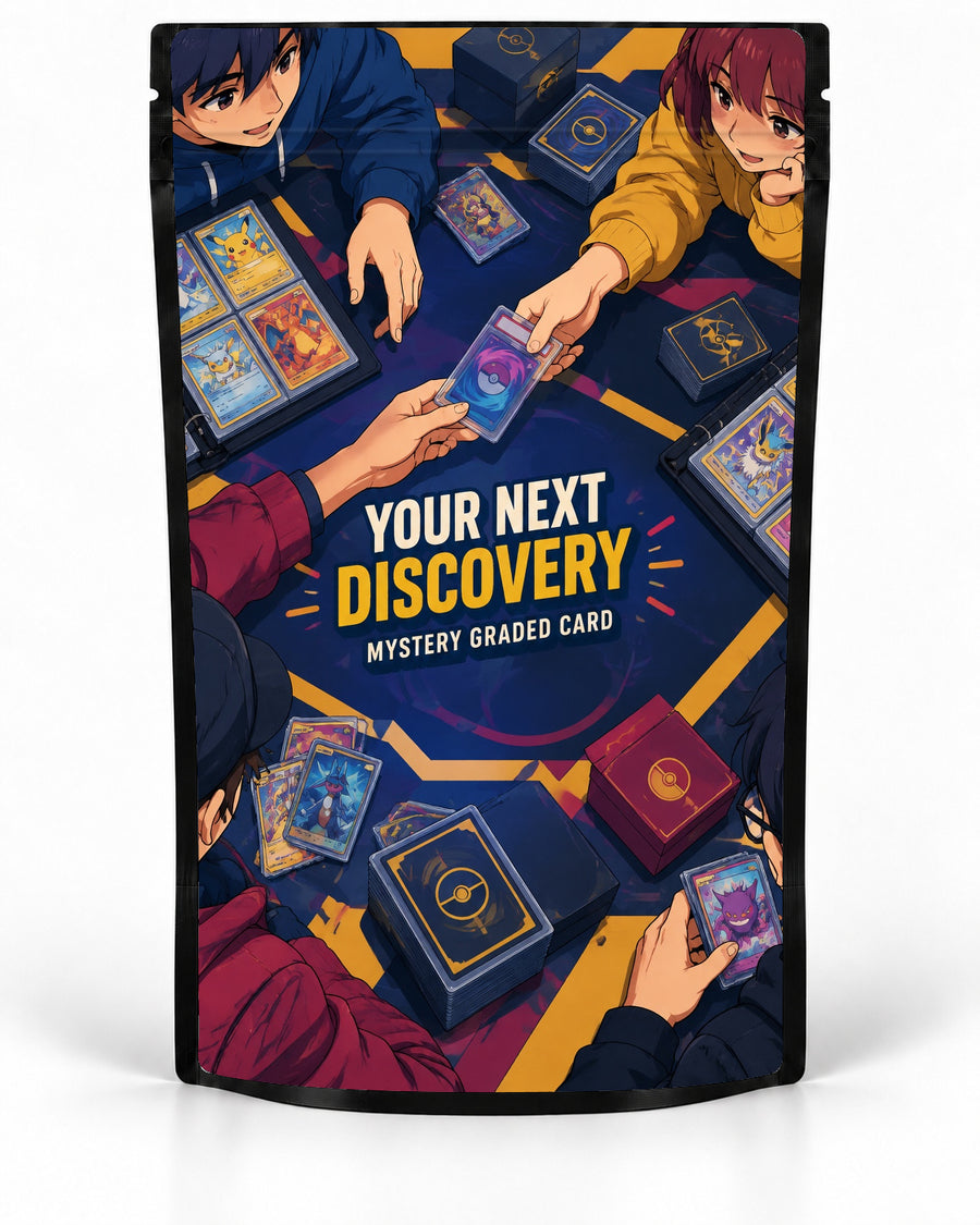 Your Next Discovery mystery slab bag mock-up on a black pouch, featuring an overhead trading-table scene with collectors exchanging a graded card across a navy playmat, surrounded by binders, decks and card stacks
