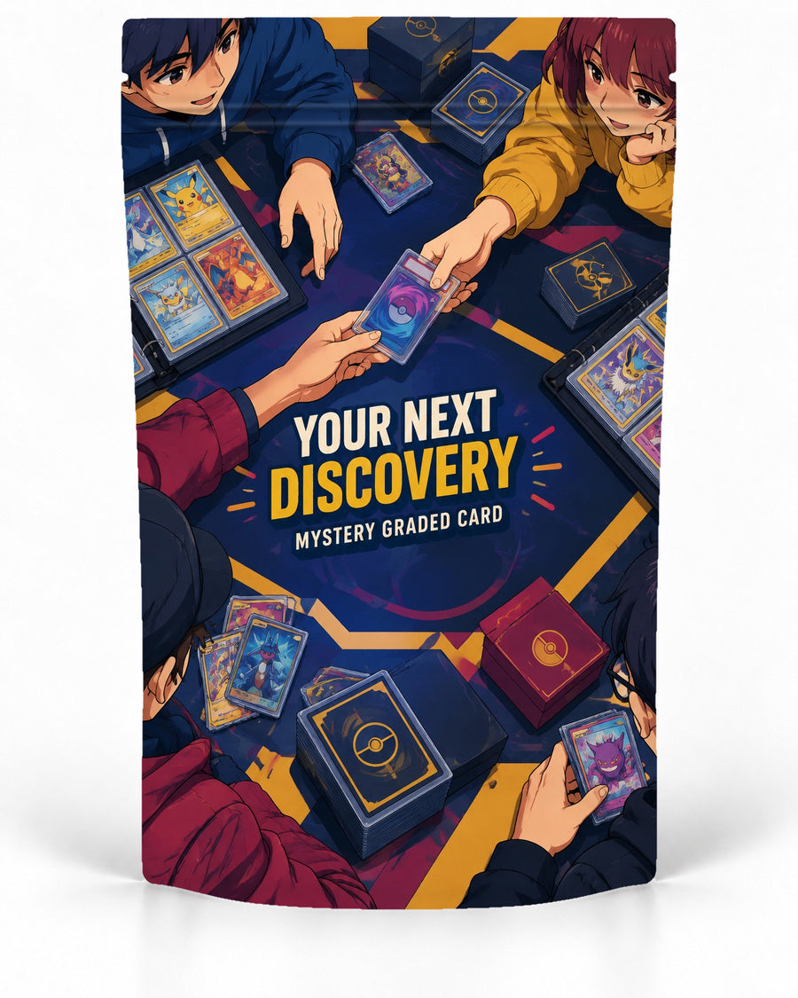 Your Next Discovery direct-printed mystery slab bag mock-up featuring an overhead trading-table scene with collectors exchanging a graded card across a navy playmat, surrounded by binders, decks and card stacks