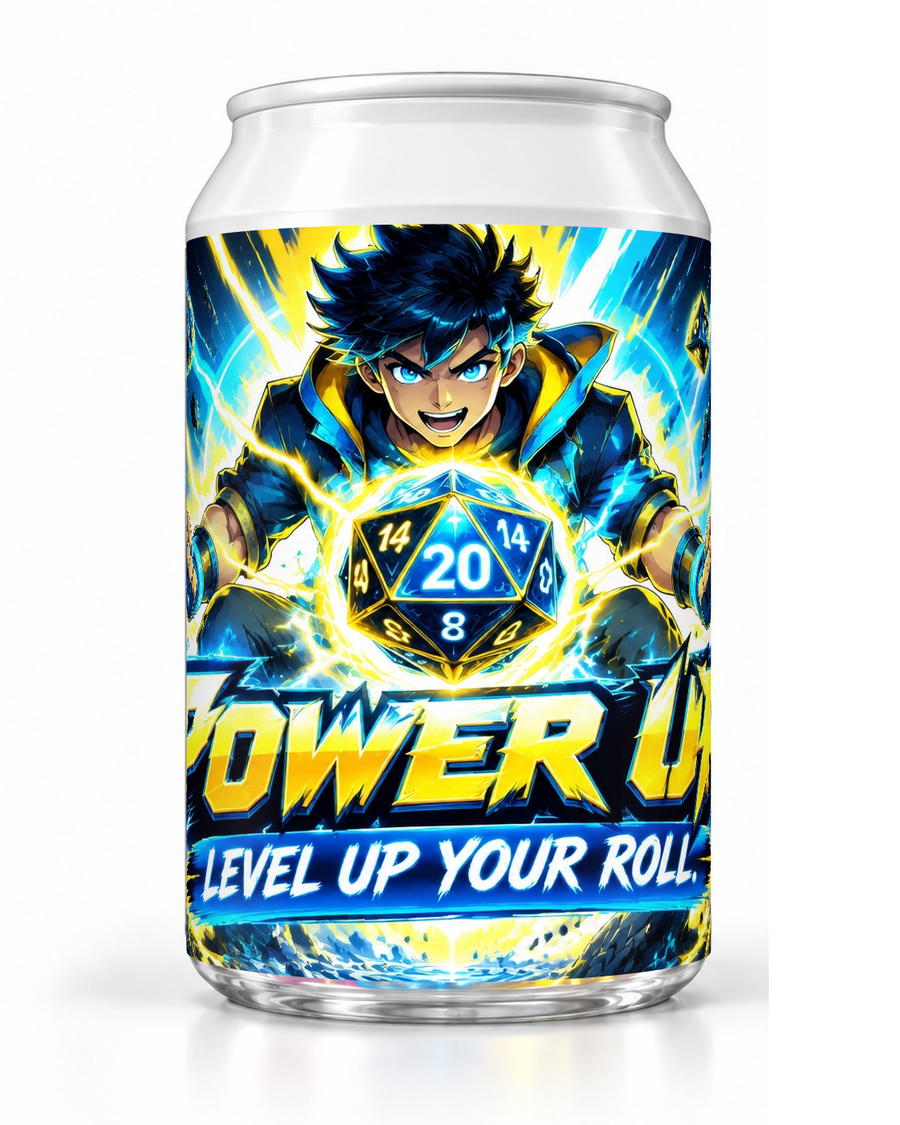 Power Up dice soda container with an illustrated hero, yellow lightning and a blue twenty-sided die.