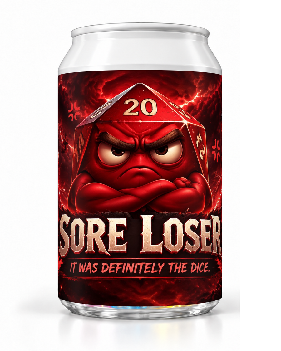 Sore Loser dice soda container with an angry red die character and dark red lightning artwork.