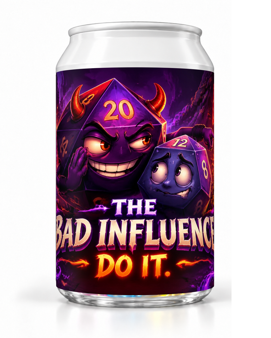 The Bad Influence dice soda container with a purple horned die character and Do It lettering.