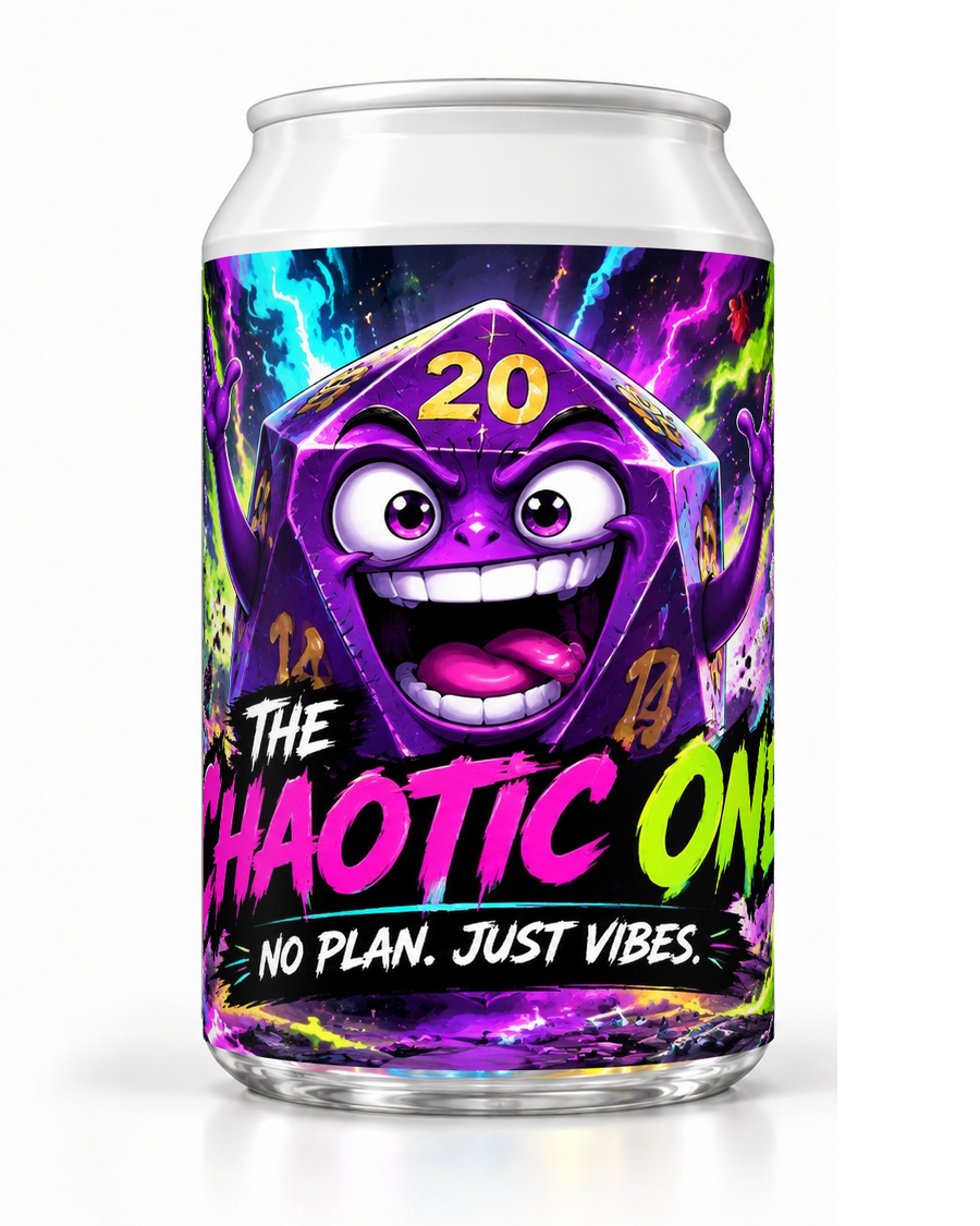The Chaotic One dice soda container with a grinning purple die character and colourful neon splashes.