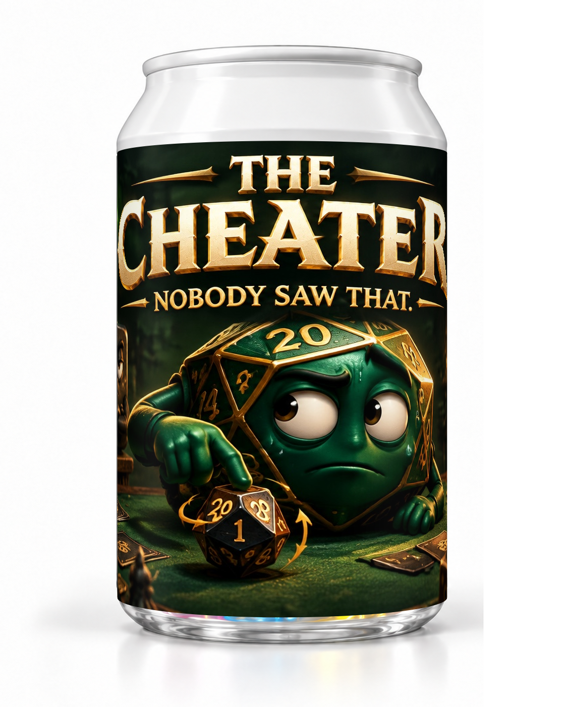 The Cheater dice soda container with a green die character glancing sideways against a dark background.