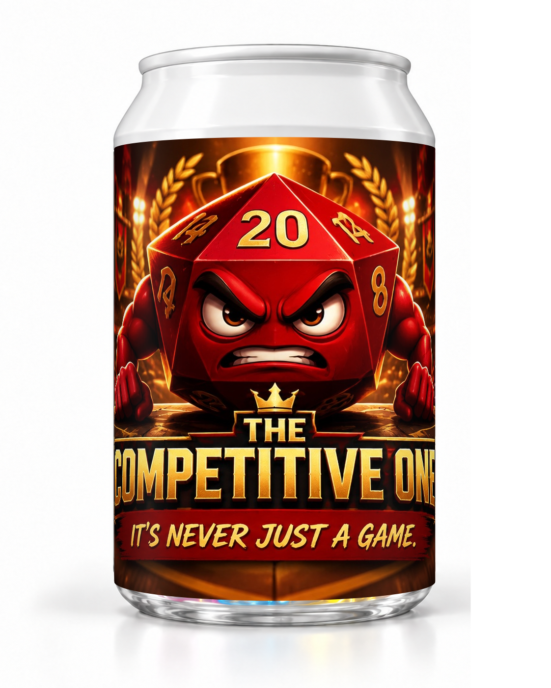 The Competitive One dice soda container with an angry red die character, gold trophy and fiery background.