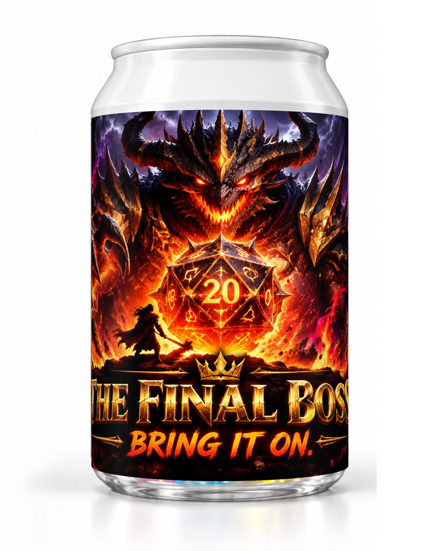 The Final Boss dice soda container with a fiery horned monster and glowing orange twenty-sided die.