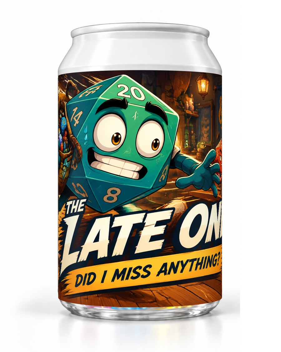The Late One dice soda container with a startled teal die character and warm brown artwork.