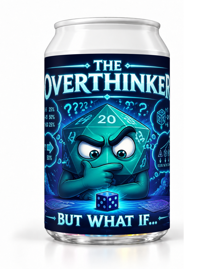 The Overthinker dice soda container with a worried teal die character surrounded by blue questions and diagrams.