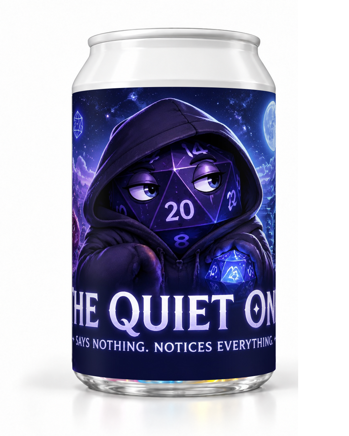 The Quiet One dice soda container with a purple hooded die character against a dark starry background.