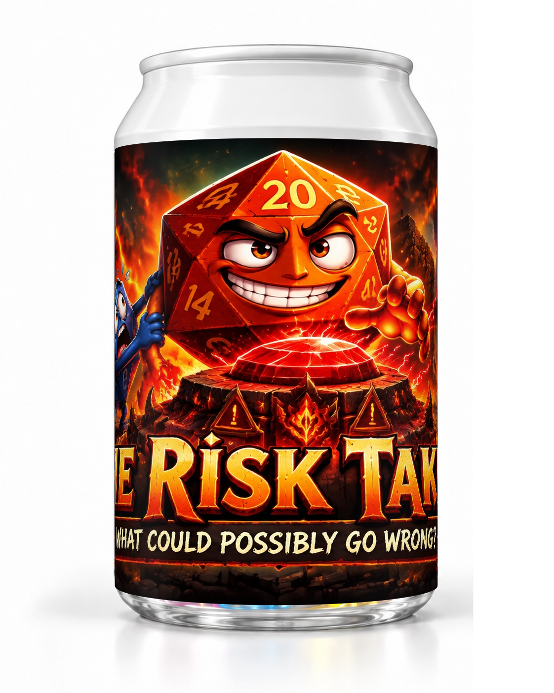 The Risk Taker dice soda container with a grinning red die character surrounded by orange flames.