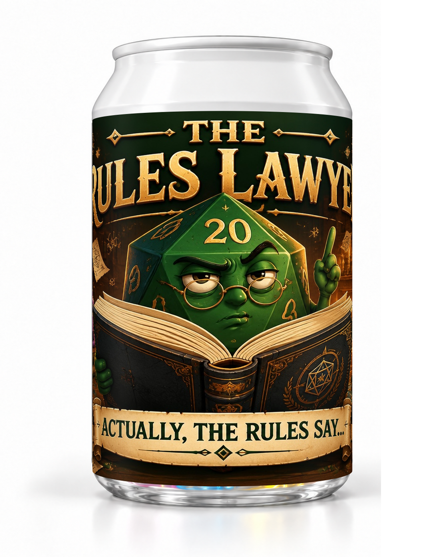The Rules Lawyer dice soda container with a green die character reading an open rulebook.