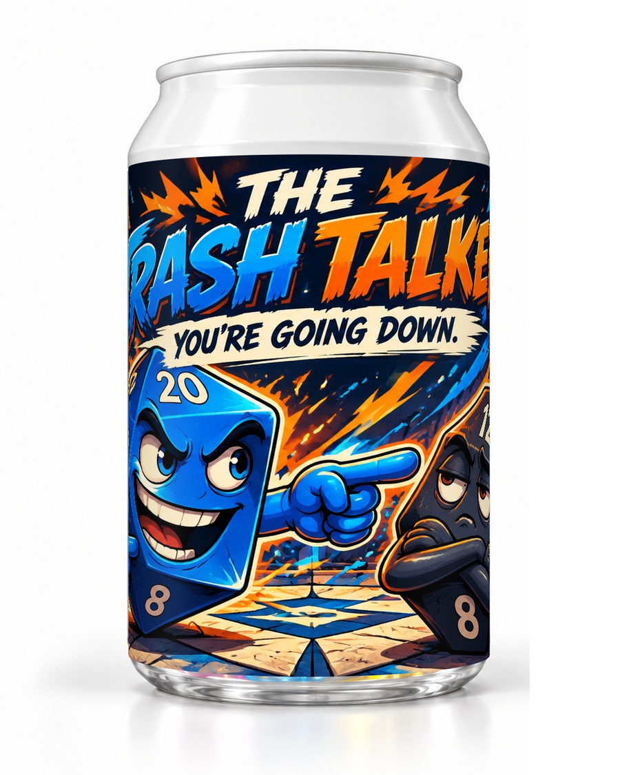 The Trash Talker dice soda container with a grinning blue die character and bright comic-style lettering.