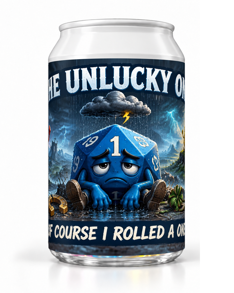 The Unlucky One dice soda container with a sad blue die character beneath stormy clouds and lightning.