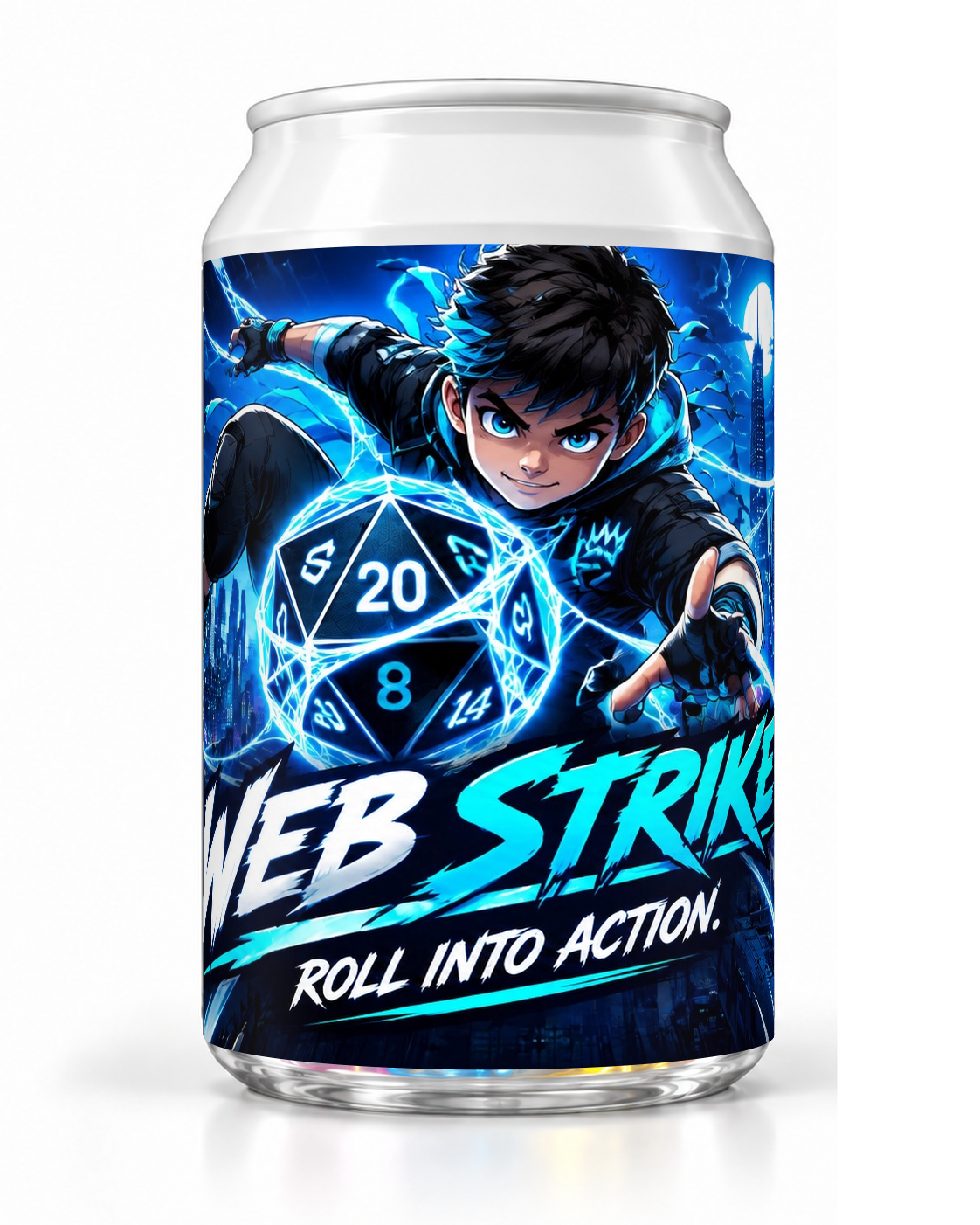 Web Strike dice soda container with an illustrated hero, blue web-like energy and a twenty-sided die.